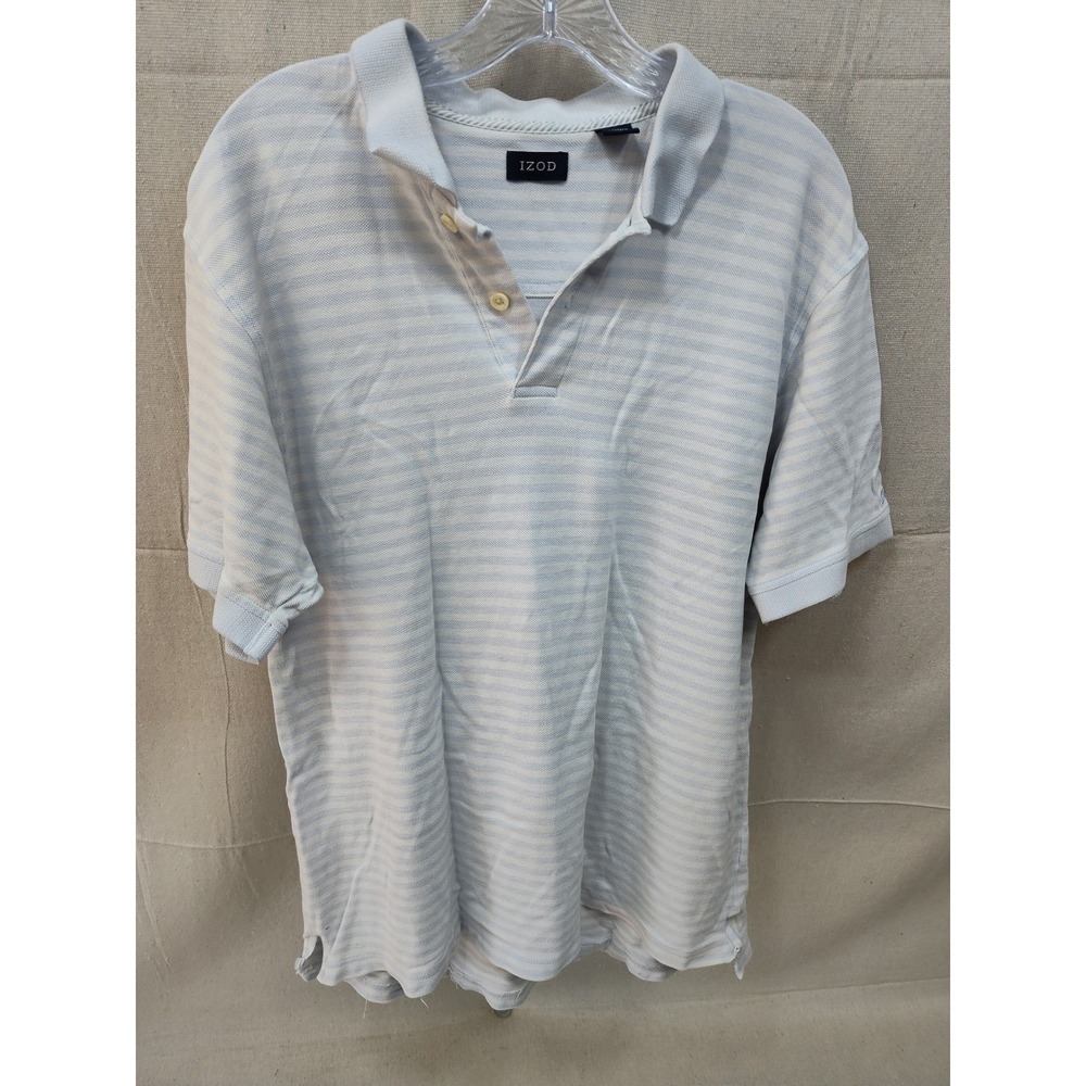 IZOD Mens Short Sleeve Striped Polo Shirt Light Blue White Cotton Large L